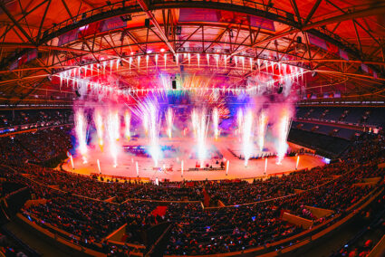 Feuerwerksspektakel in der Veltins-Arena beim Biathlon auf Schalke
